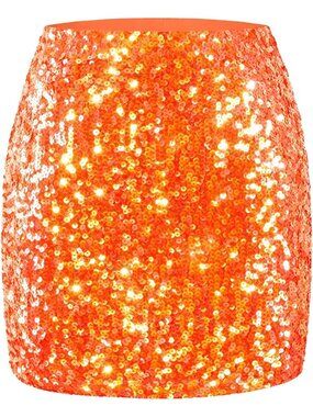 Women's Sequin Sparkle High Waist Bodycon Stretchy Pull On Orange Mini Skirt